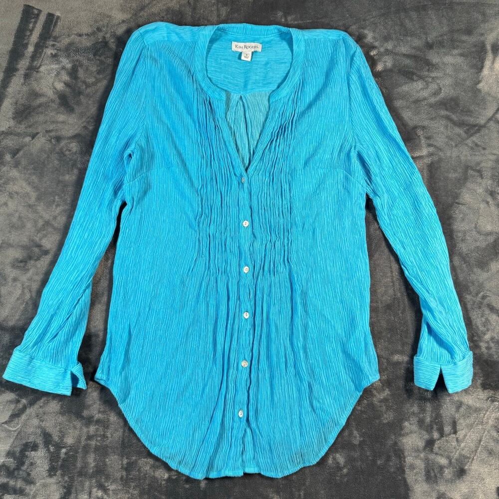 Kim Rogers Blue Crinkle Button Front Tunic Blouse Rayon Small